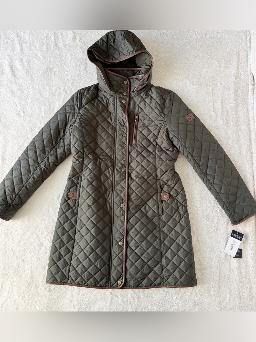 NWT Lauren Ralph Lauren Quilted Hooded Coat in Olive with Brown Faux Suede Trim
